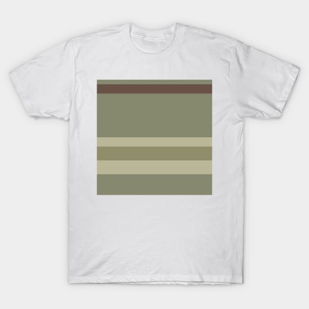 A pleasing medley of Quincy, Pastel Brown, Camouflage Green, Putty and Brown Grey stripes. T-Shirt by Sociable Stripes